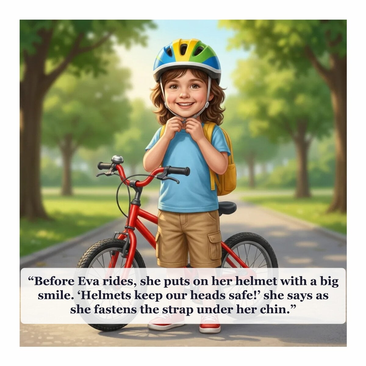 Bike Safety for Kids, page 2: Eva fastens her helmet before riding.