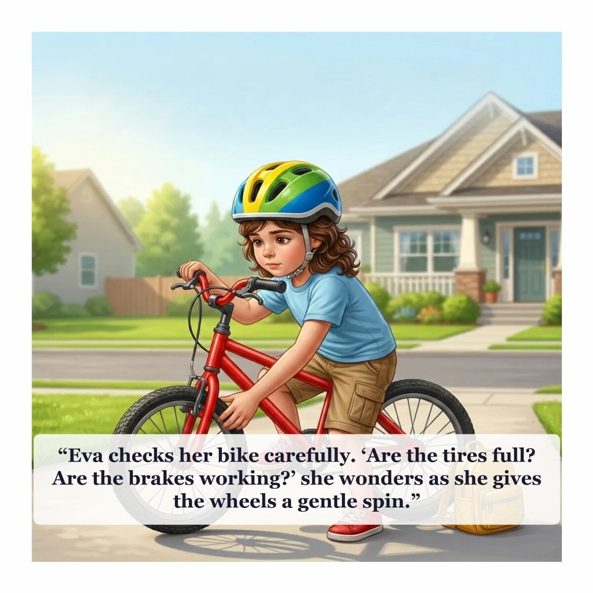 Bike Safety for Kids, page 3: Eva checks her bicycle before riding.