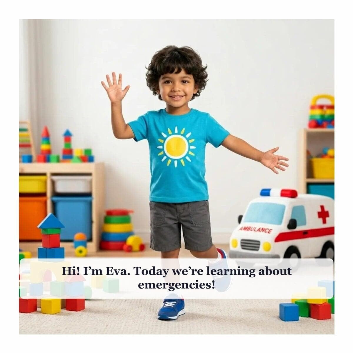 Emergency Safety, page 1: Eva introduces learning about emergencies.