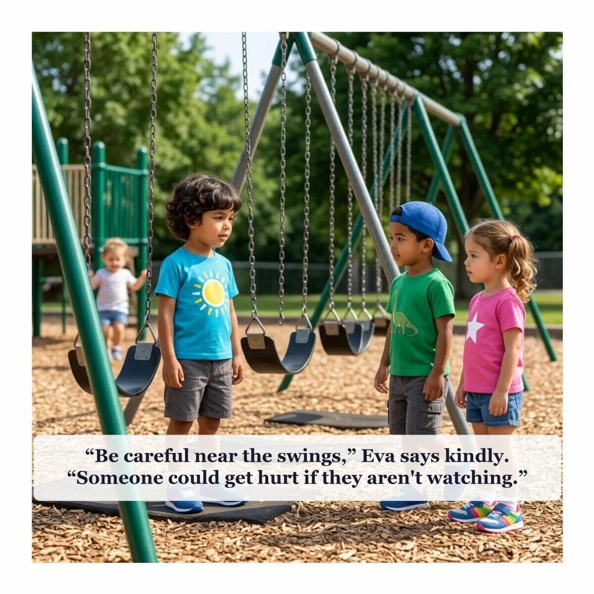 Playground Safety, page 9: Eva reminds friends to be careful near the swings.