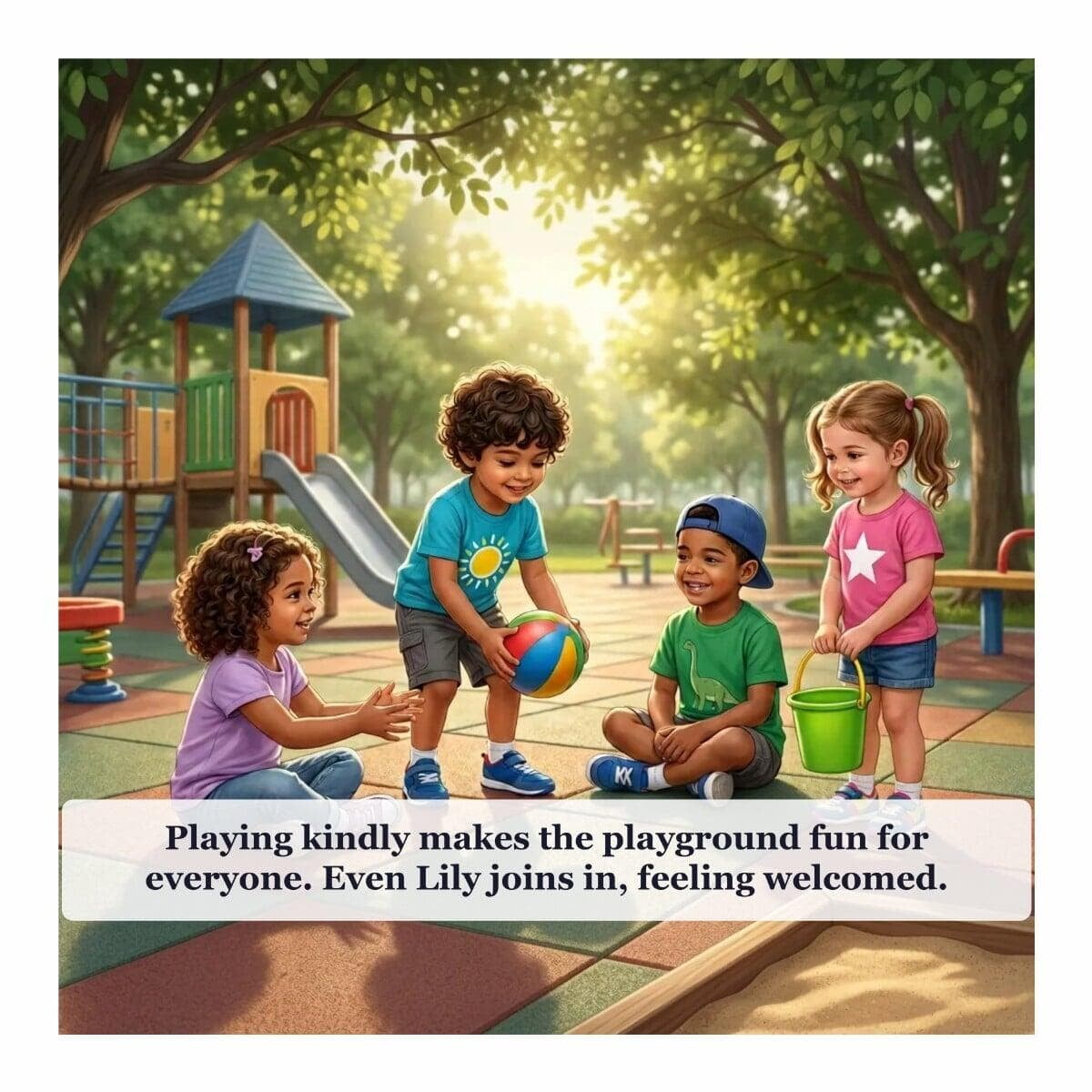 Playground Safety, page 18: Eva and friends include everyone in their game.