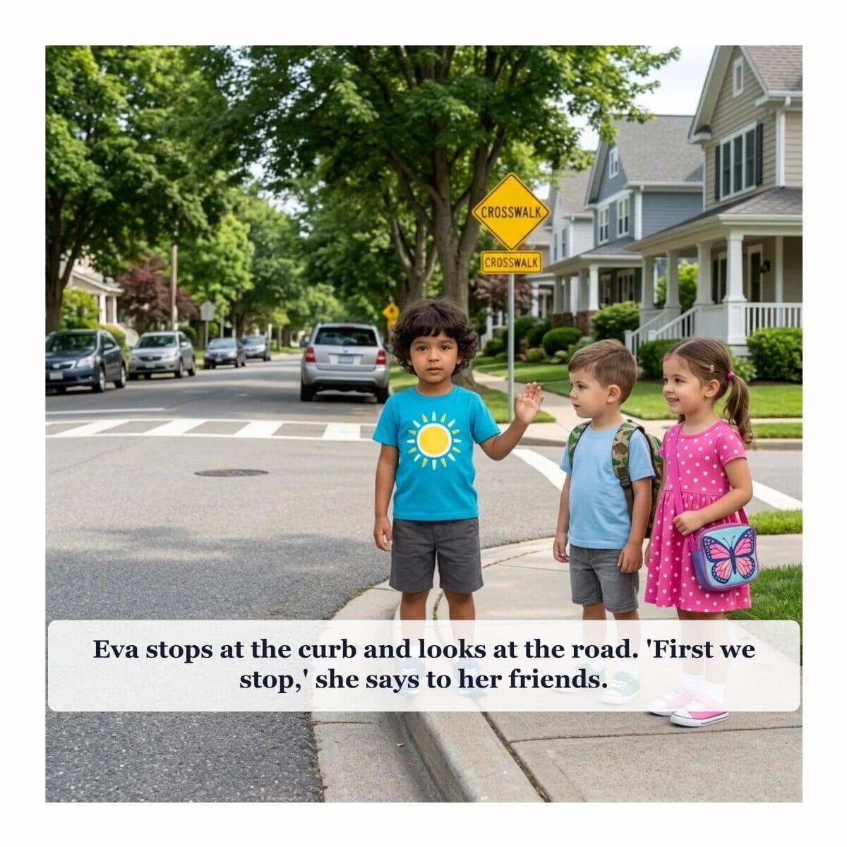 Crossing the Street Safely, page 4: Eva stops at the curb.