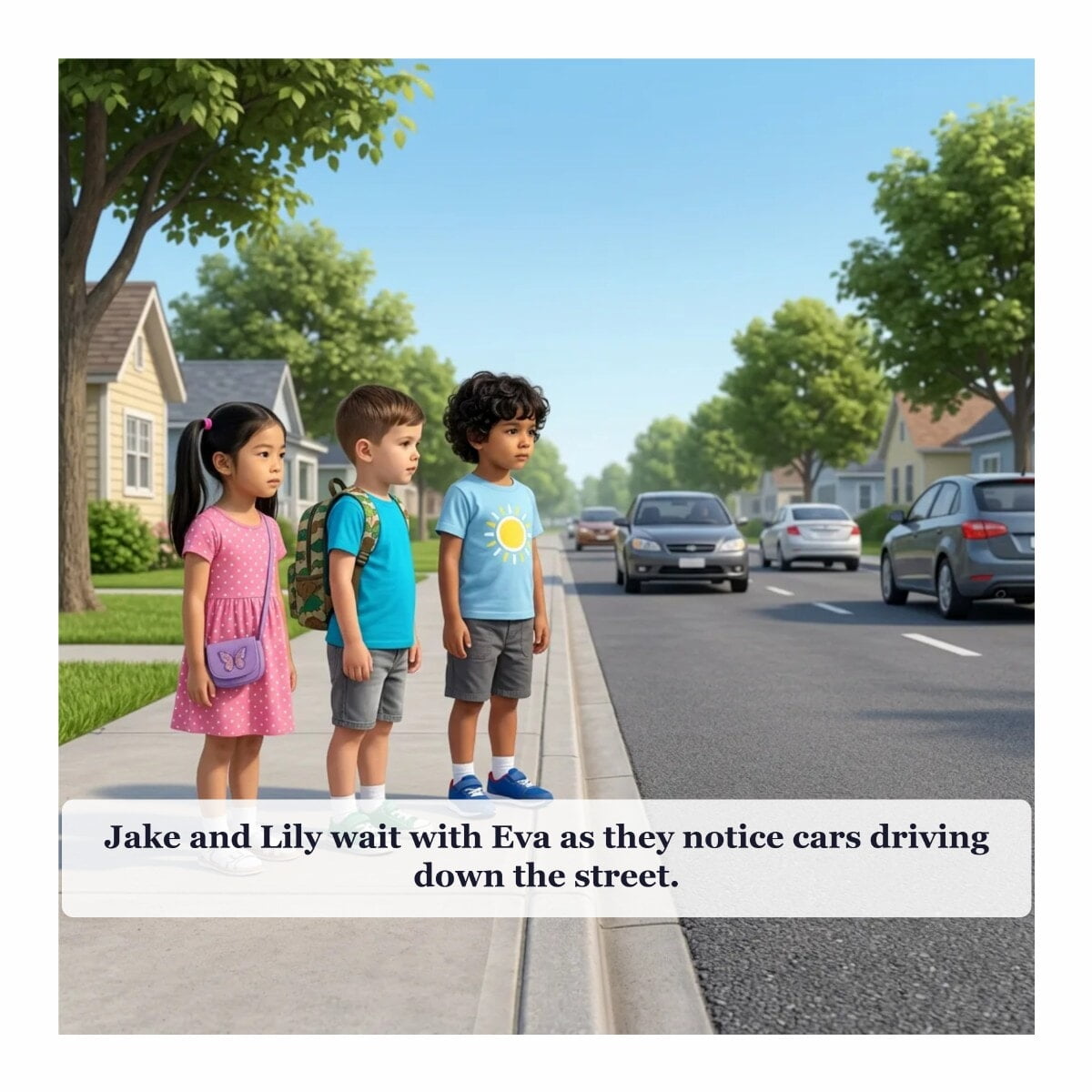 Crossing the Street Safely, page 8: Eva and friends wait while traffic passes.