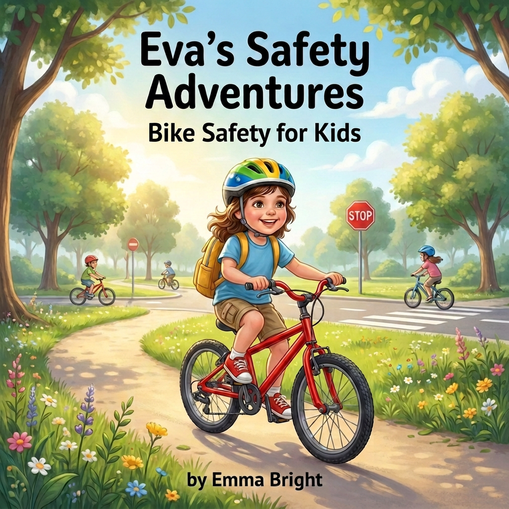 Eva wearing a helmet and riding a bicycle on the cover of Bike Safety for Kids by Emma Bright